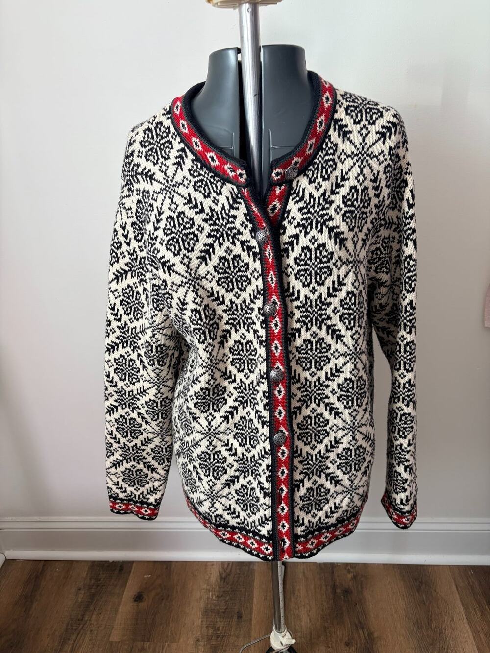 Vintage LL Bean Nordic Snowflake Cotton Cardigan Sweater Womens XL Pewter Button